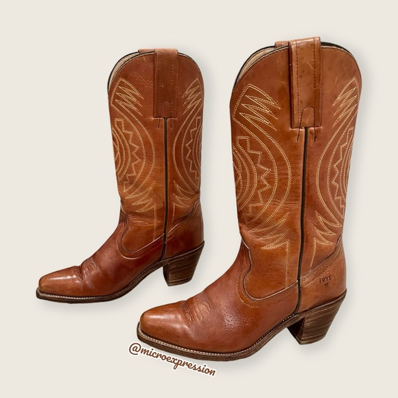1980s VINTAGE Frye Aztec Geometric Leather Brown Cognac Embroidered Cowboy Boot - Picture 14 of 15